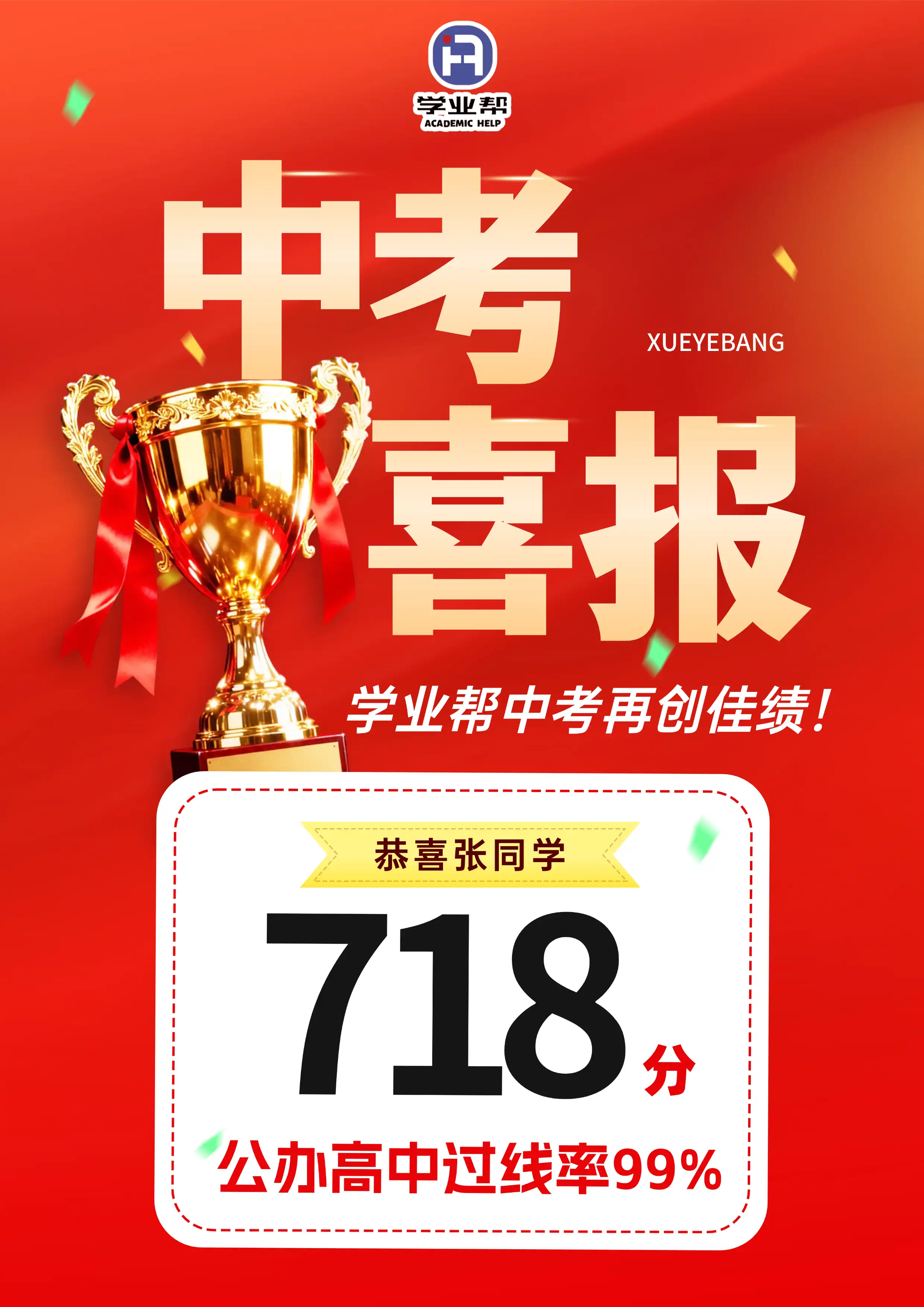 恭喜张同学718分公办高中过线率99%